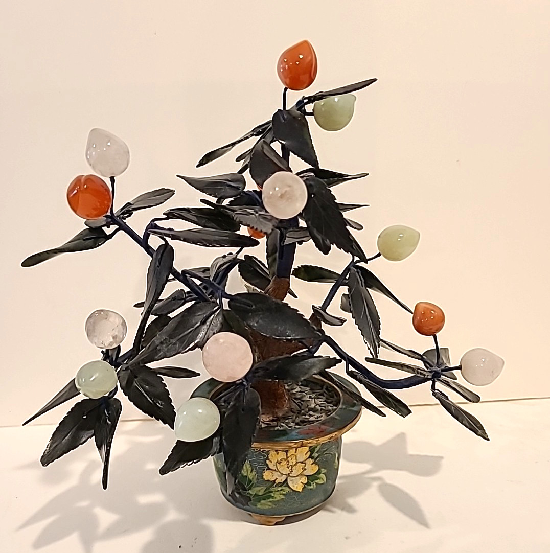 Jade Stone Bonsai Tree Cloisonne Pot Jade Quartz Peaches Cherries