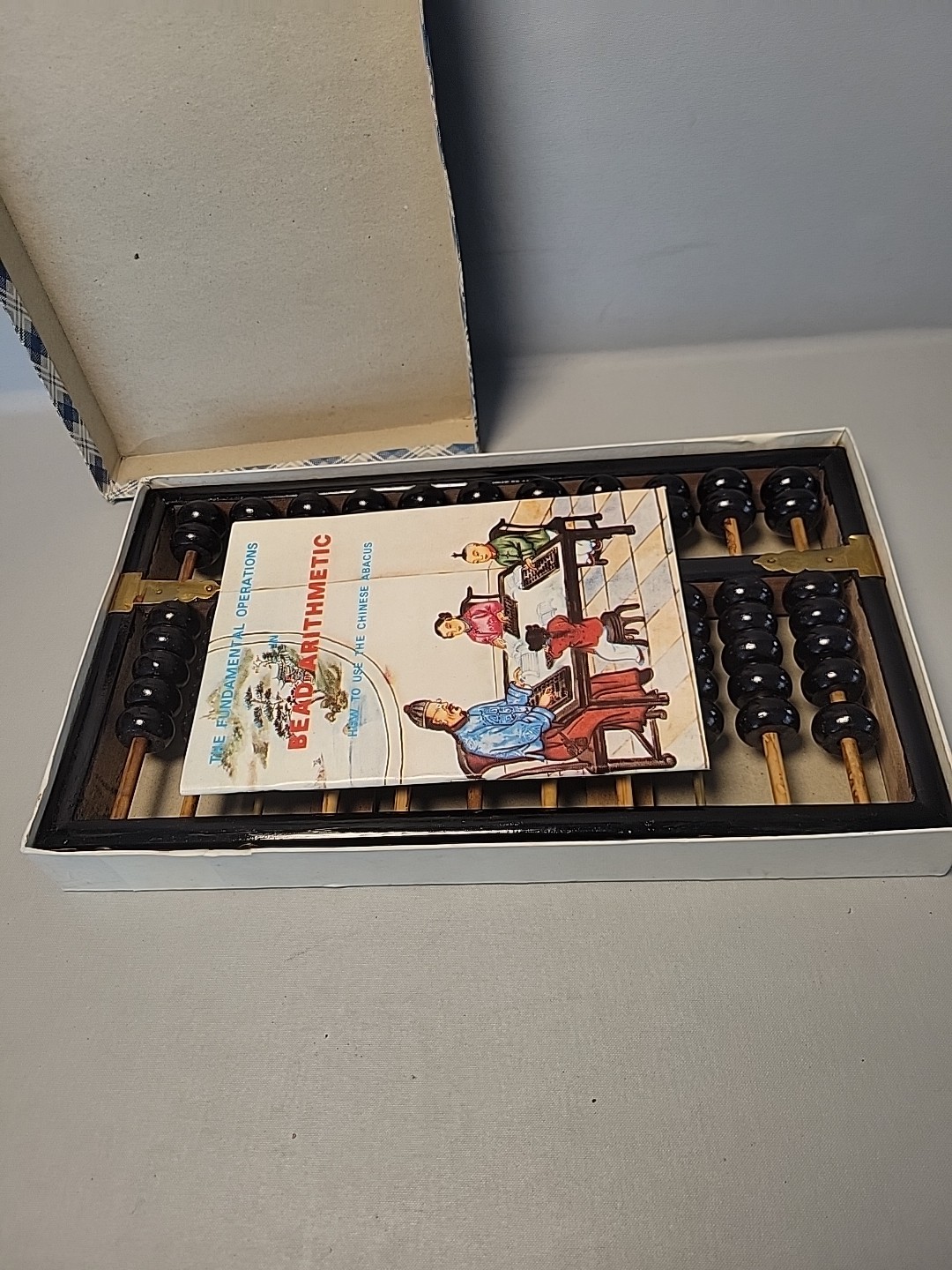 Vintage Chinese Abacus Wood & Brass Lotus Flower Brand Calculator 11 Row 77 Bead