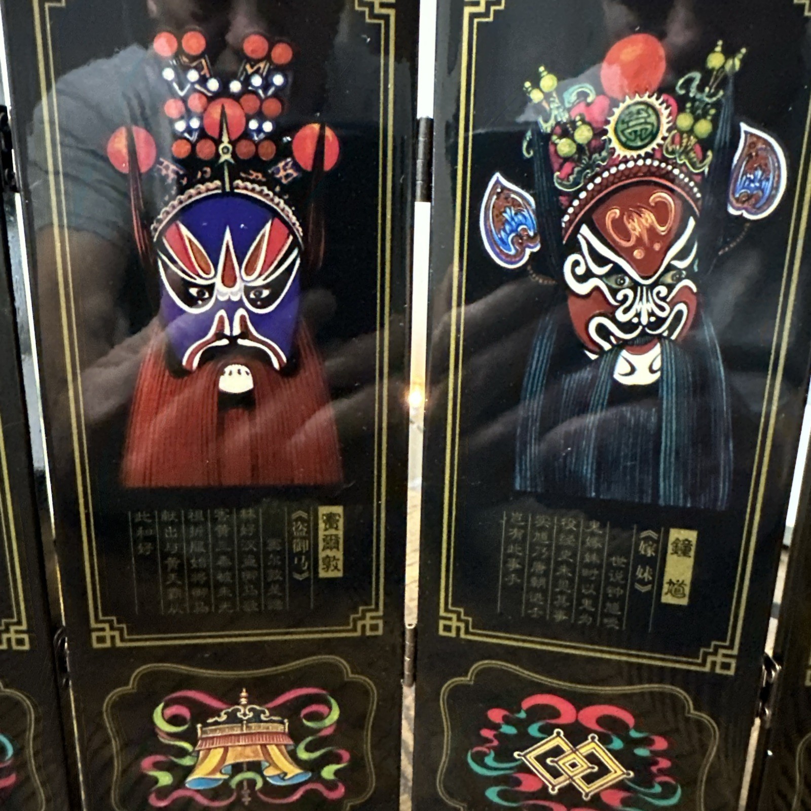 Peking Opera Masks Mini 6-Panel Wood Folding Screen Black Lacquer, Chinese Opera
