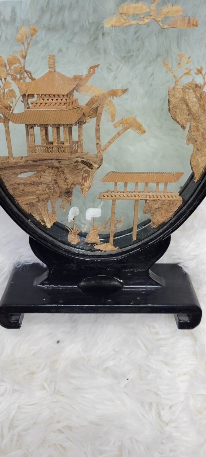 Diorama Vintage Chinese Cork Wood Oval Glass Original Sticker Cranes Pagoda