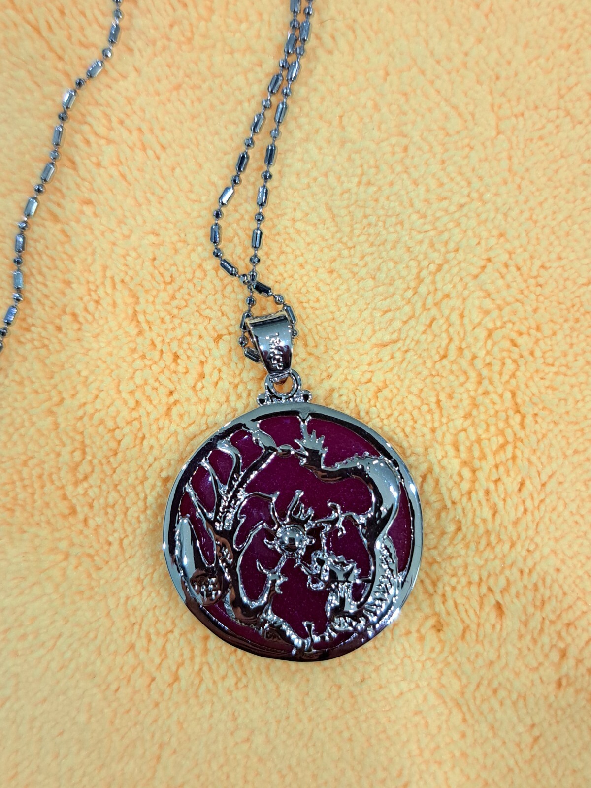 18KGP Silver Bead & Barrel Chain Chinese Dragon Purple Glass Pendant