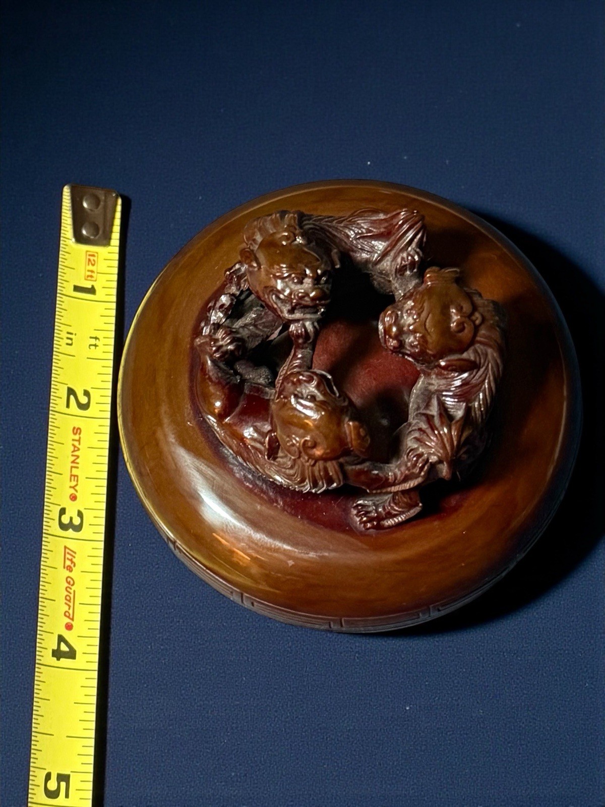 Vintage Chinese Carved Foo Dogs lacquered Resin Pot w/Red Seal Paste