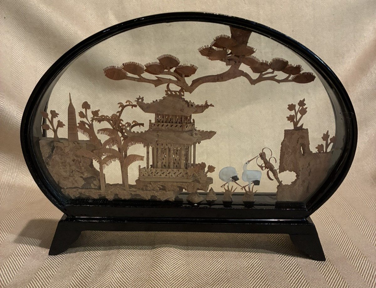 Chinese Hand Carved Cork Enclosed Diorama Art Sculpture, Black Lacquer frame