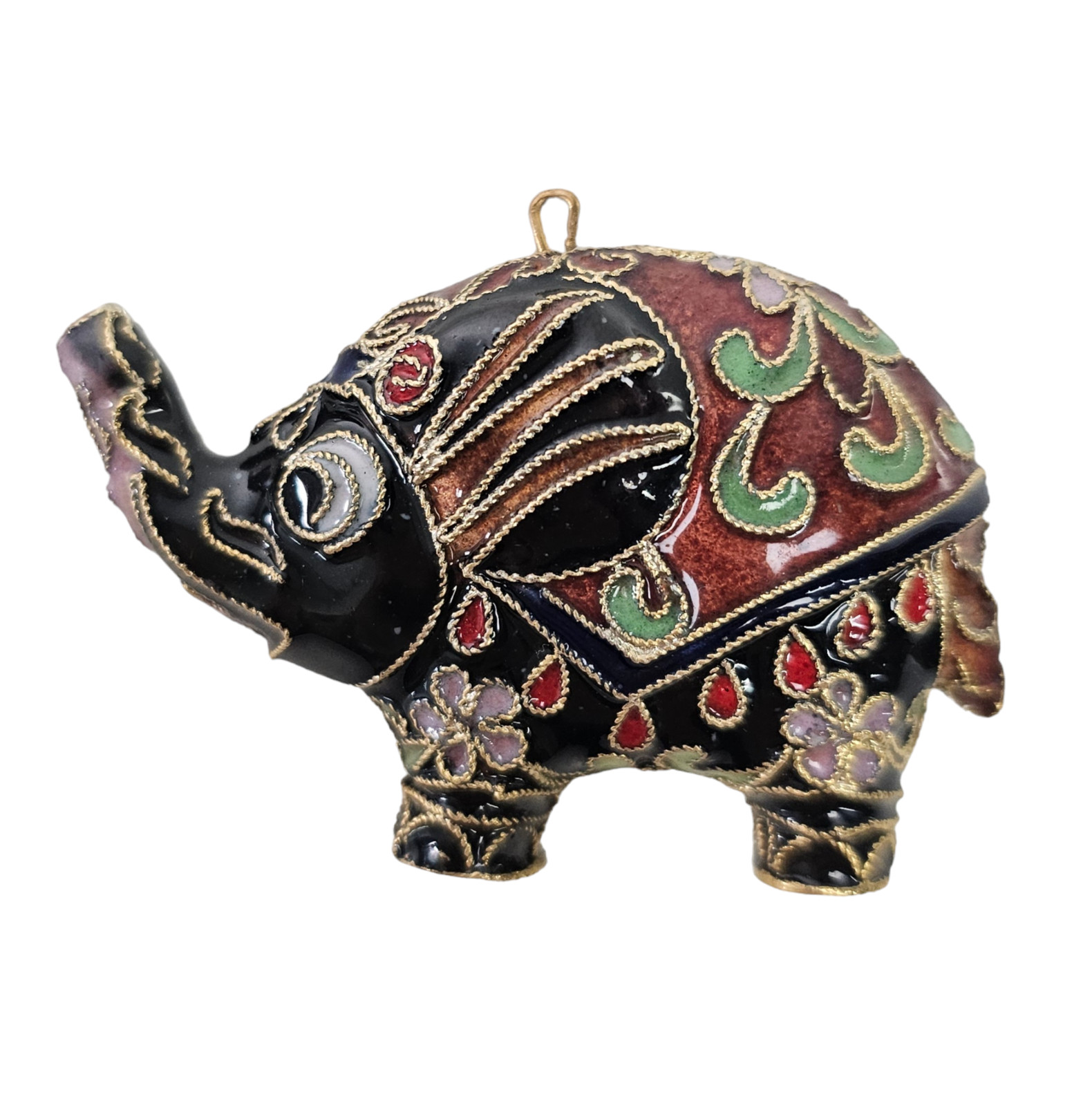 Vintage Cloisonné Elephant Necklace Pendant Enameled Black 2″L China
