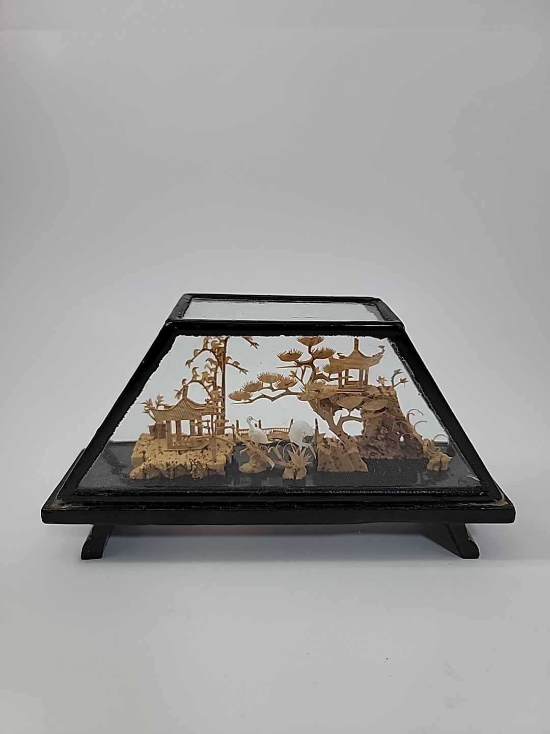 Vintage Asian Chinese PRC Carved Cork Diorama Pagodas Cranes Trees Decoration