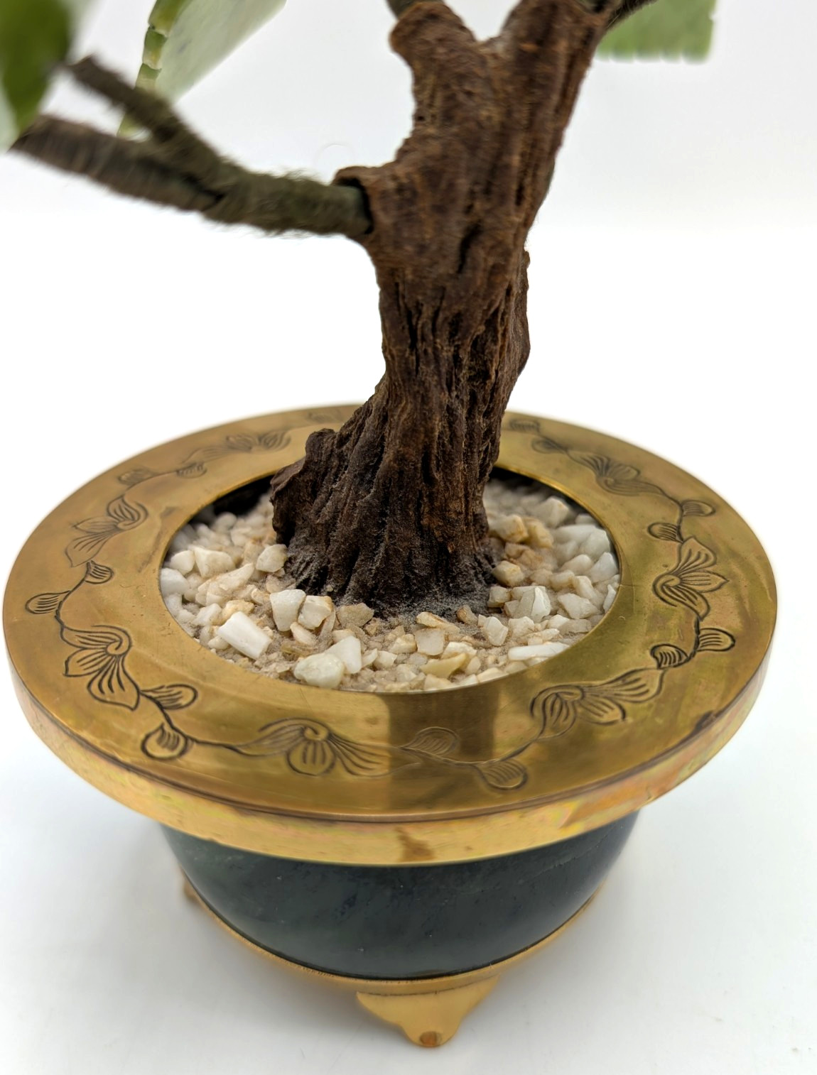 Bonsai Tree Sculpture 8 inch Semi Precious Stones Jade Brass Pot Hong Kong