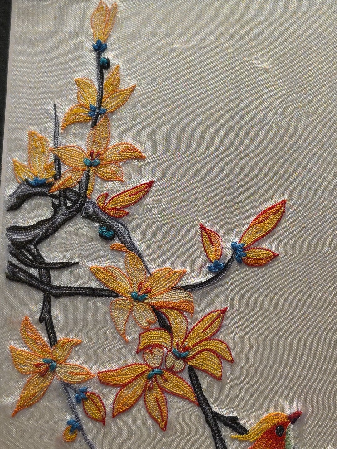 VTG Asian Chinese Silk Embroided Bird on Blossom Branch Framed Art 11.5″x 14.5″