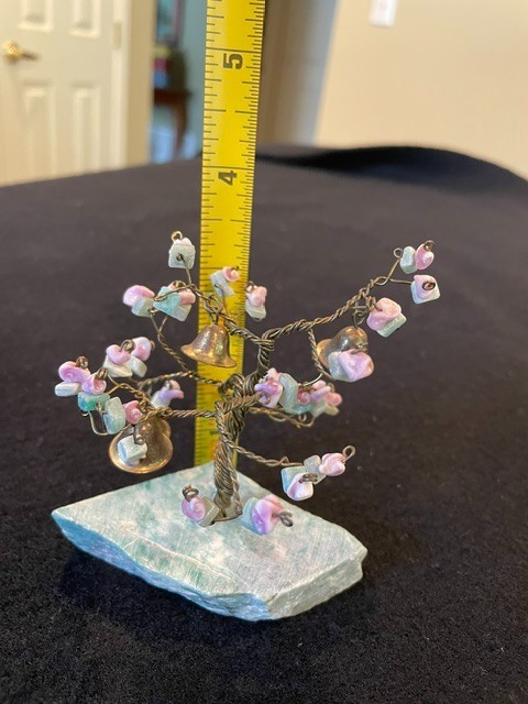VNT Copper Wire Bonsai Tree with Brass Bells + Stone Blossoms on Quartz Base 4X3