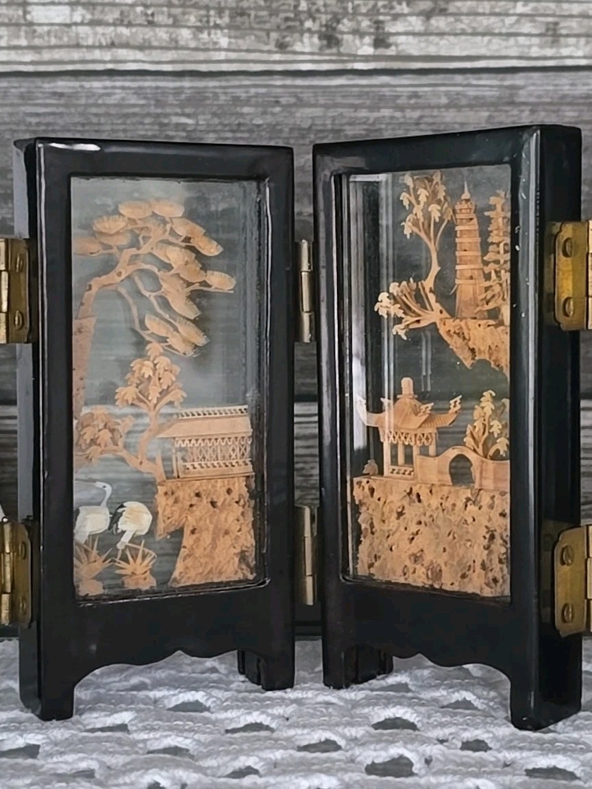Vintage SAN YOU Cork Art Diorama 4 Scenes Paneled 4.5″ × 9.5″ × 3/4″ Chinese