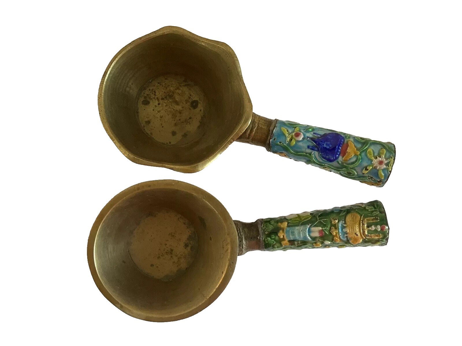 2 Different Vintage Cast Brass & Enamel Chinese Silk Iron Irons