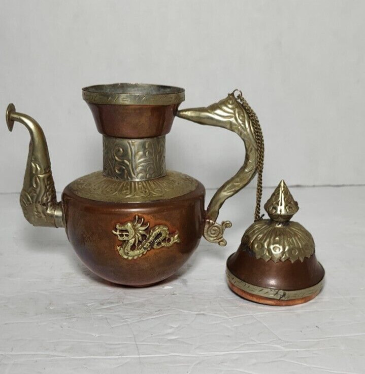 ANTIQUE / VINTAGE COPPER AND BRASS TIBETAN TEAPOT WITH DRAGON