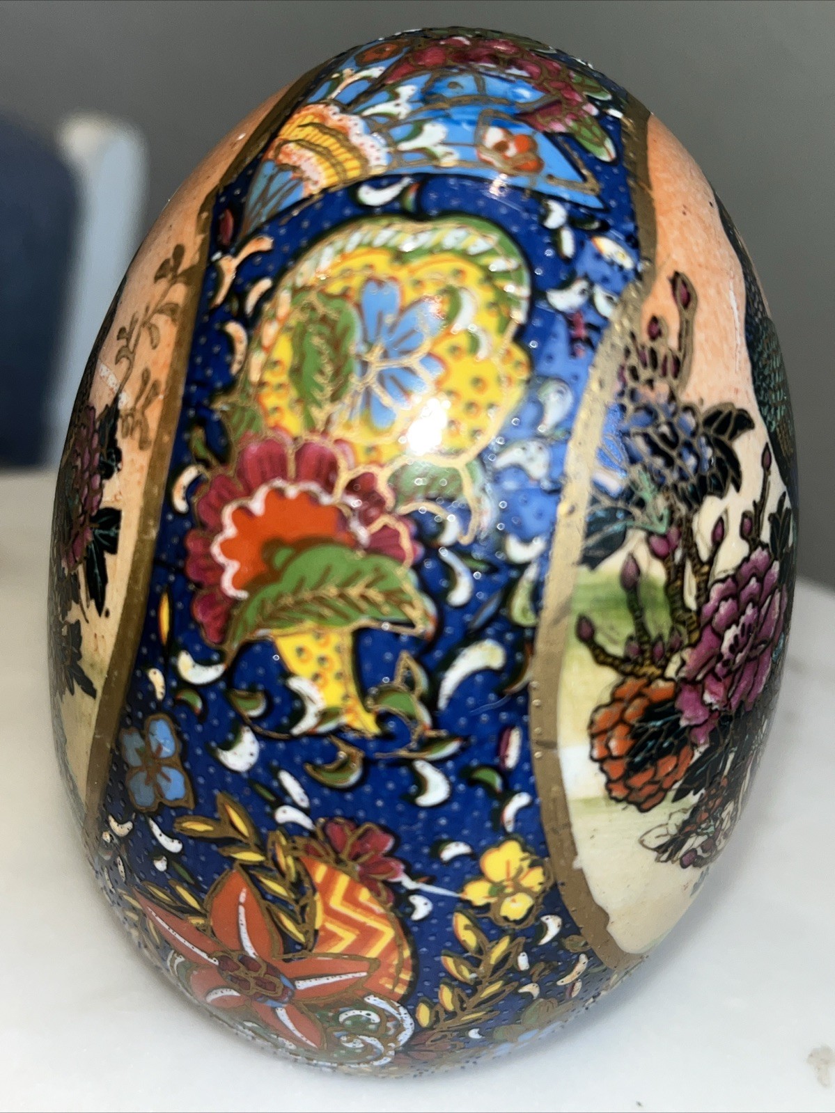 Moriage Style Porcelain Egg Gold Peacock Bird Flowers 4.5”x9.5” Gorgeous Colors