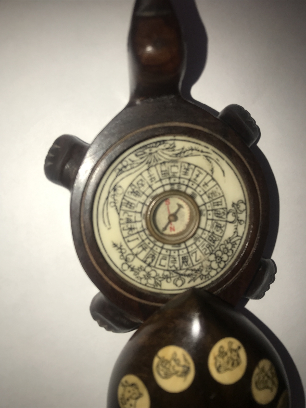 Vintage Carved Wood Turtle with Inlaid Chinese Zodiac Signs Opens to Compass 183