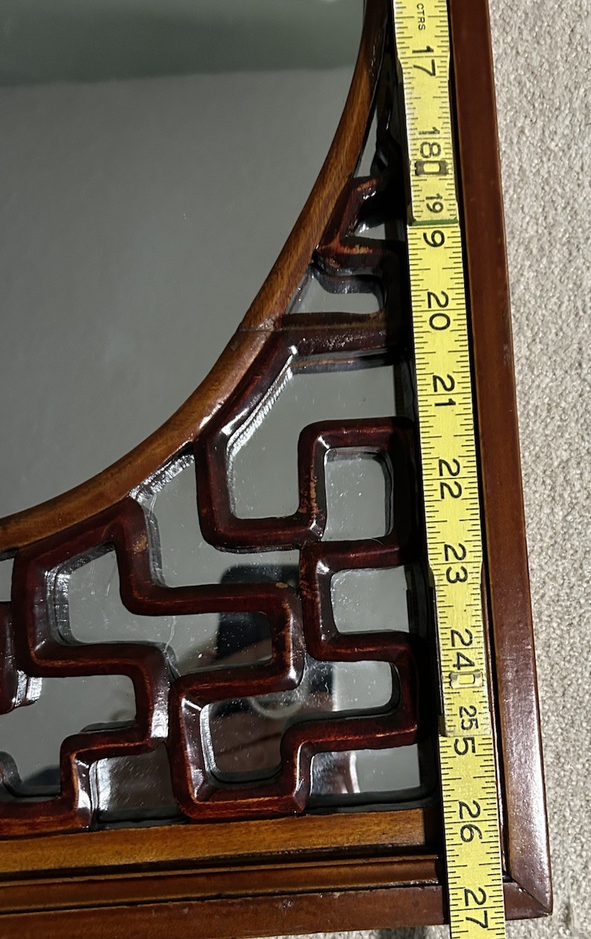 Chinese Red Asian Mirror, Solid Fir Hand Carved Lattice Design Brass Hanger