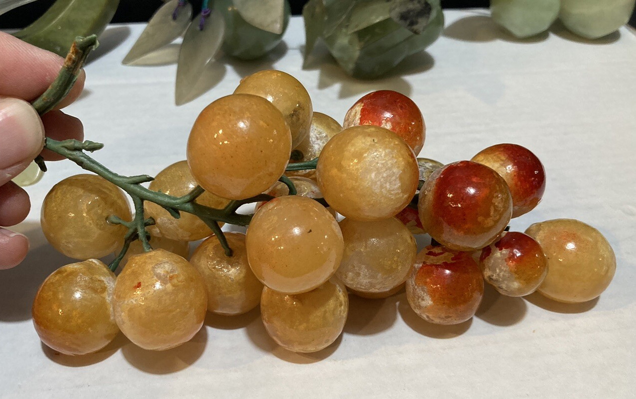Vintage Chinese Hand Carved Jade & Agate Stone Fruit Set Grapes Banana Berry