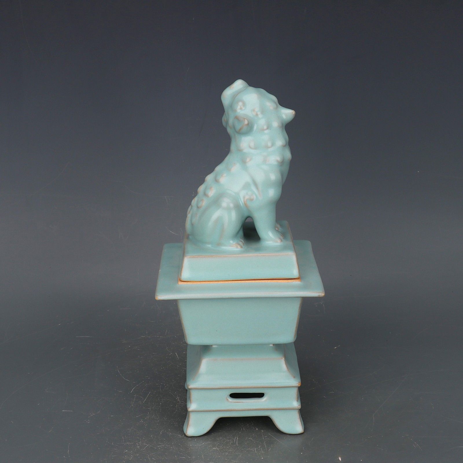 11.4″ China Song Ruyao Blue-green Glaze Porcelain Animal Lion Incense Burner