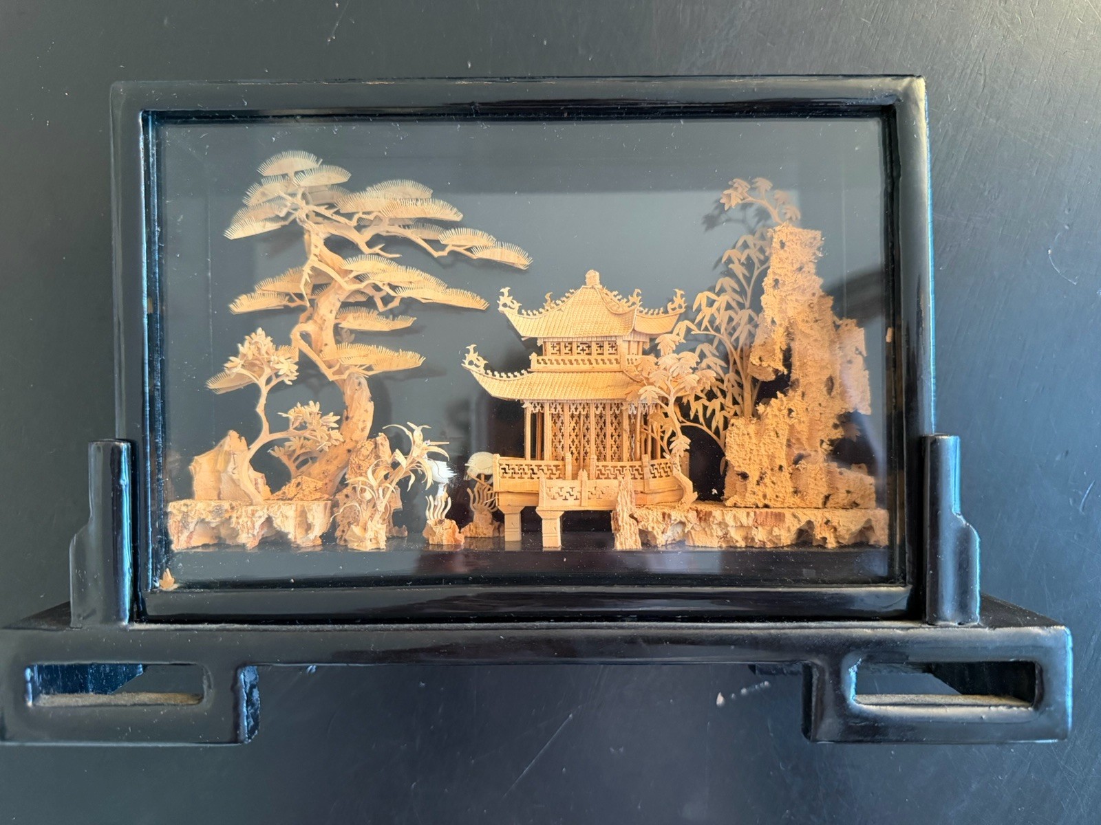 Chinese Carved Cork Diorama Relief Panel Pavilion Landscape in Black Frame