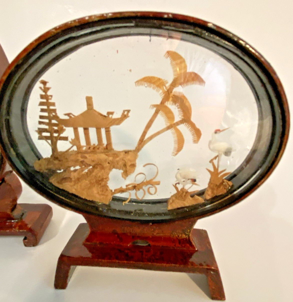 VINTAGE CHINESE DIORAMA CORK CARVING GLASS CASE PAGODA TREES & CRANES.