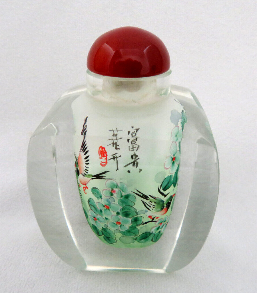 Signed Vintage Chinese Snuff Bottle Reverse Hand Painted Glass w Agate Top BIRDS