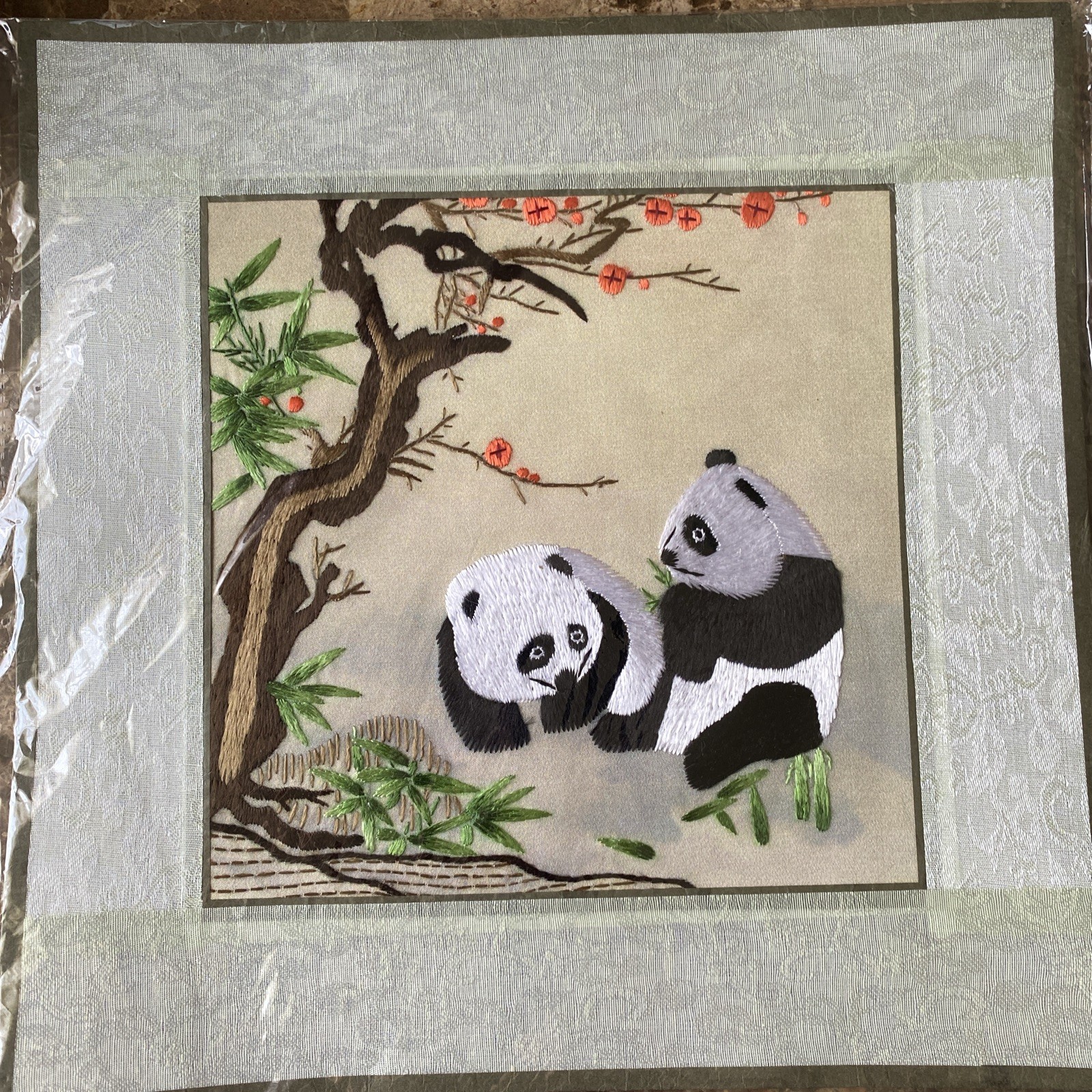 Chinese Asian 100% Silk Tapestry Embroidery Pandas 16″ x 17″ AS IS