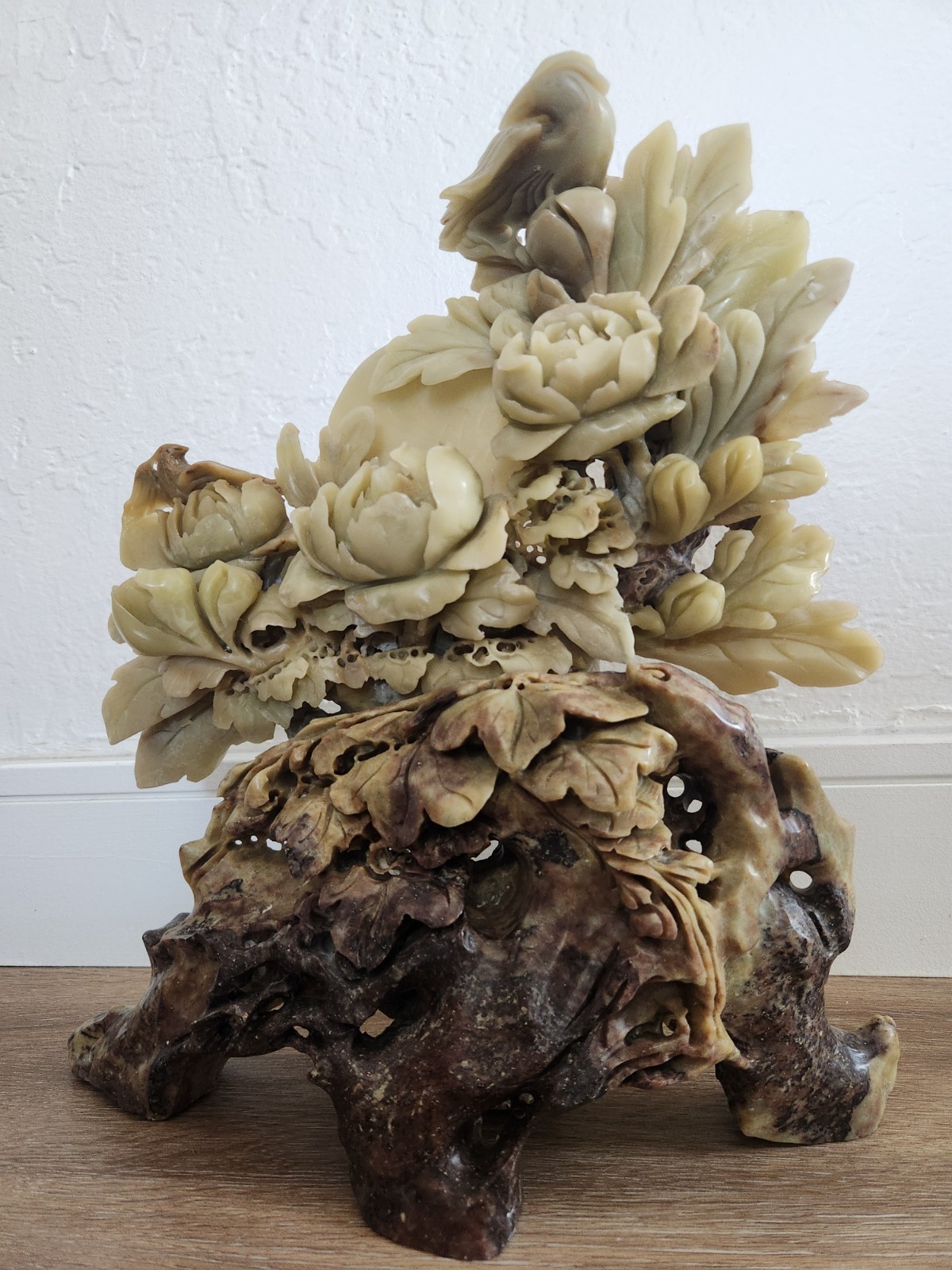 Exceptional Ornate Chinese Soapstone Carving Birds Flowers & Fruit 12″ x 13.5″ T