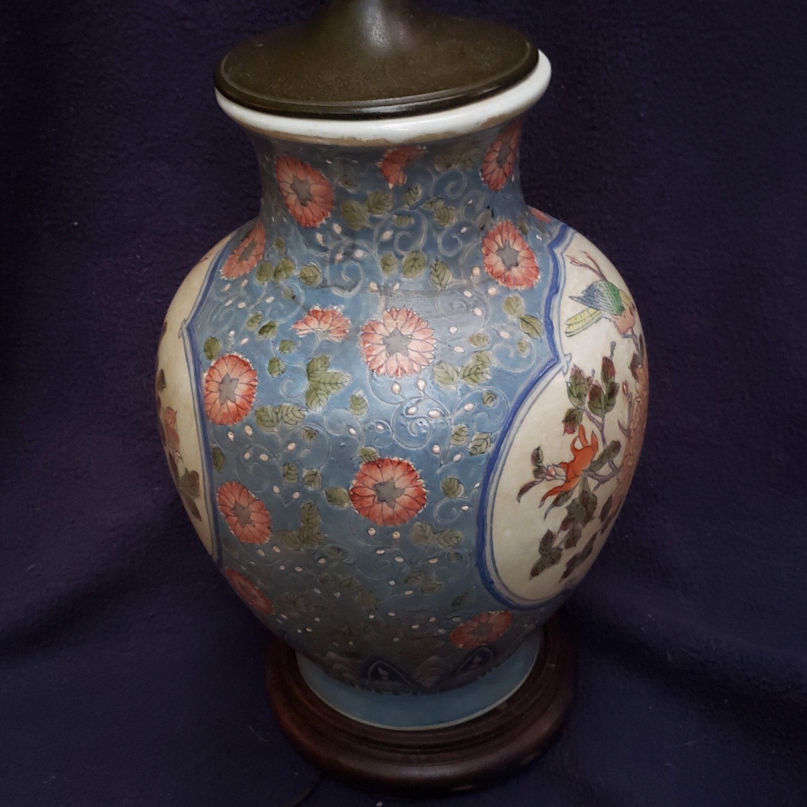 Vintage Chinese Porcelain Vase Table Lamp, Blue Floral & Bird Design 18.5″