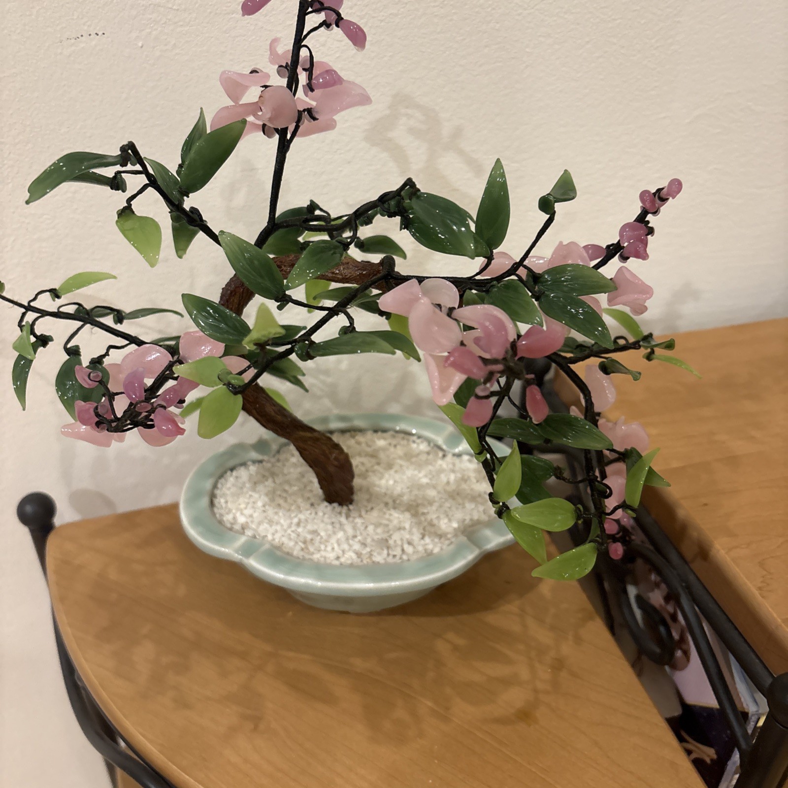 JADE BONSAI TREE CHINESE GLASS ASIAN FLOWERS in pot Approx 11” W X 10”T