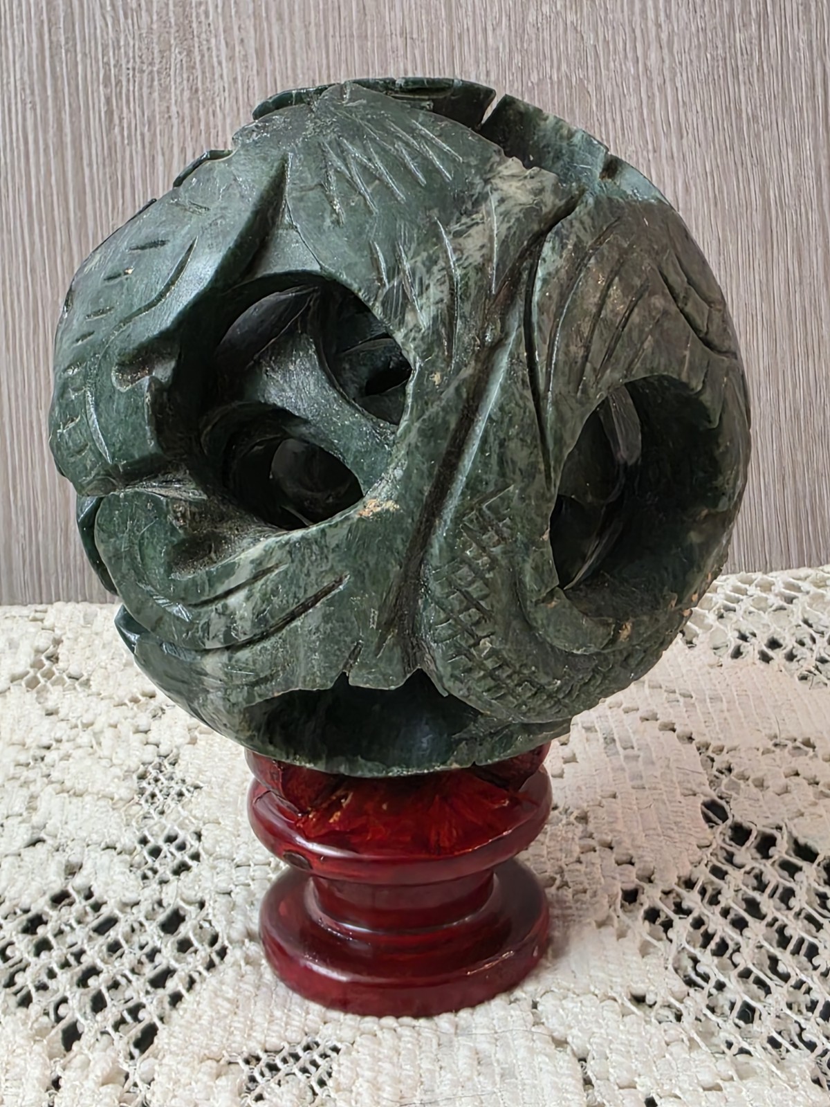 Vintage Carved Green Soapstone Chinese Puzzle Ball 4″ Mystery Sphere w/ Wood…