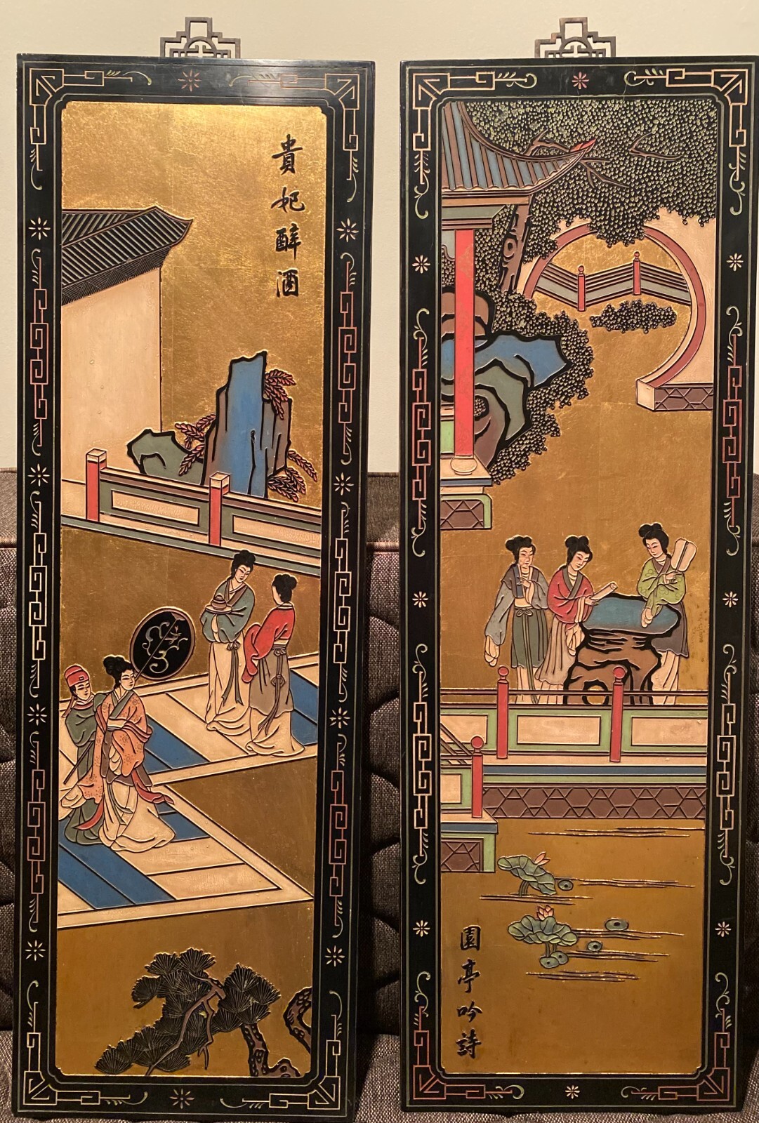 Set of 2 Vintage Lacquer Chinese Carved Soapstone Wall Art Panels 12″ x 36″