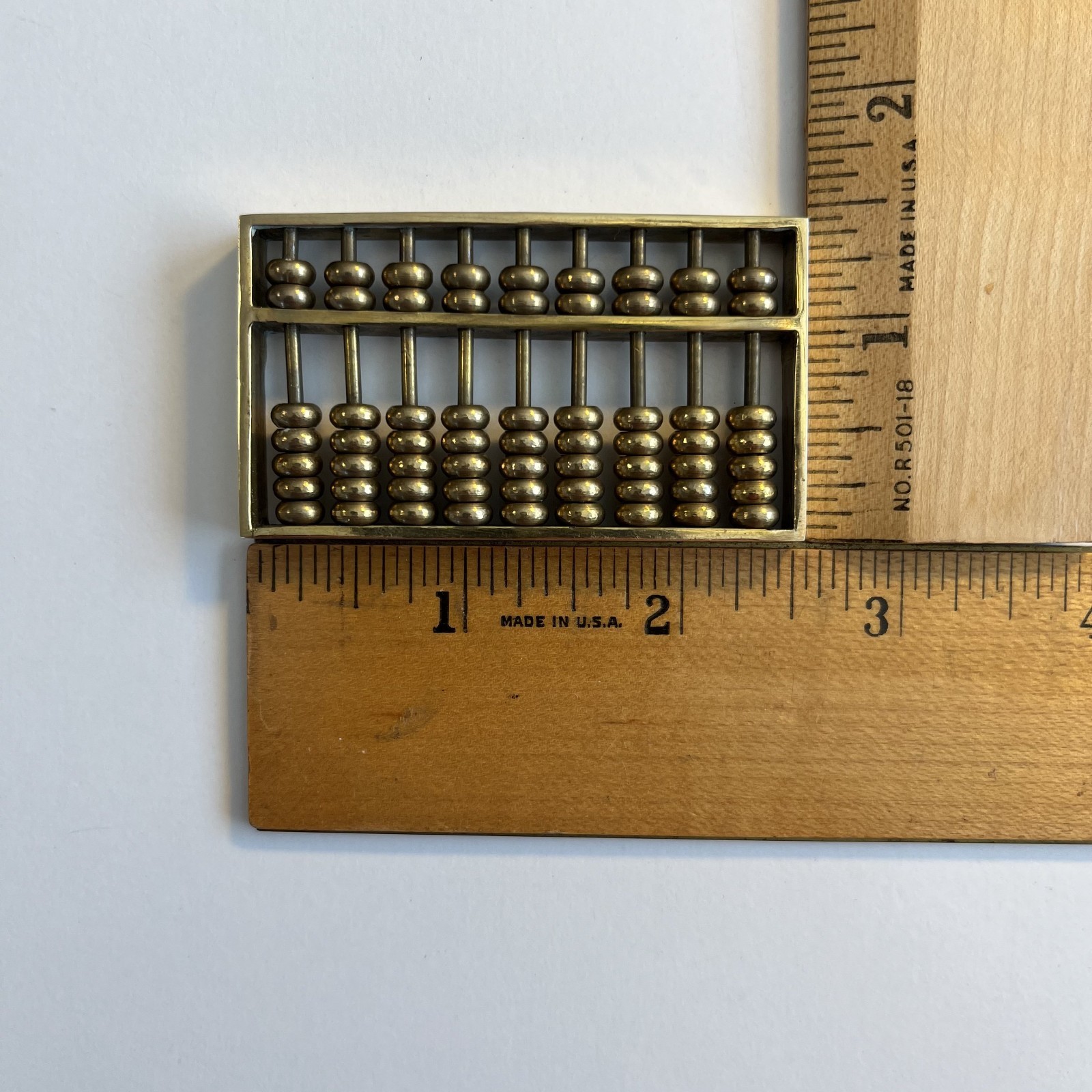 Vintage Miniature Brass Chinese Suanpan 9 Rod Abacus With Silk Brocade Box.