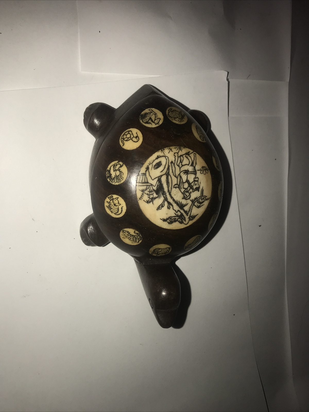 Vintage Carved Wood Turtle with Inlaid Chinese Zodiac Signs Opens to Compass 182