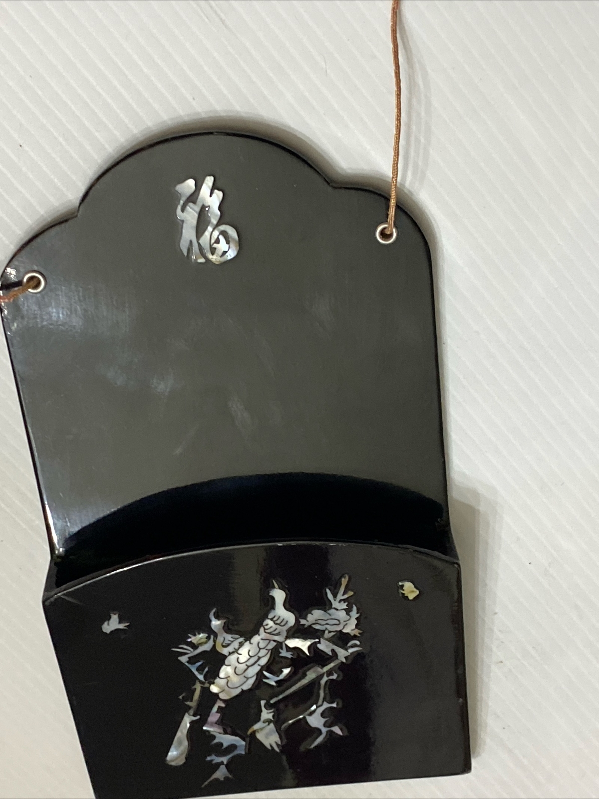 Vintage Mother Of Pearl Letter Holder Notes Oriental Style Black Wall Hanging