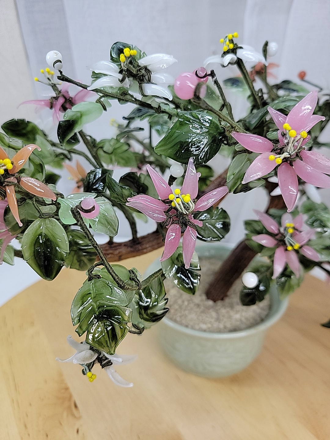 VTG Chinese Flowering Plastic Glass Jade Bonsai Tree Celadon Porcelain Cachepot
