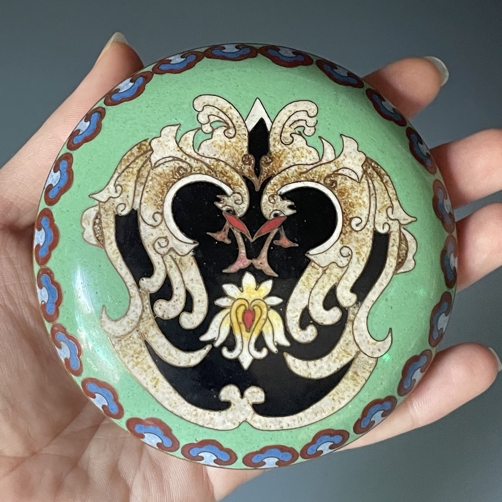 20th C. Chinese Cloisonne Phoenix Round Cosmetic Incense Scholar Powder Box