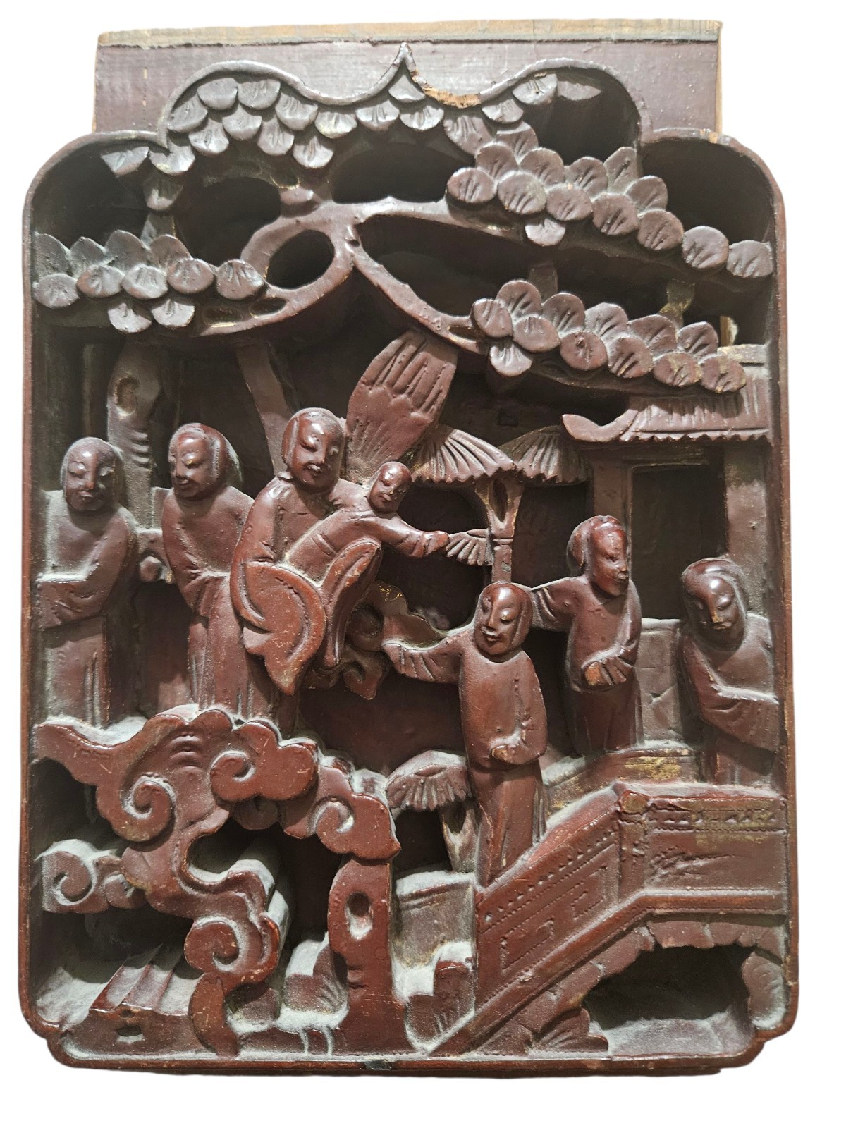 Antique Hand Carving Wood Panel Relief 6×10 From A Temple Or Furniture Antique