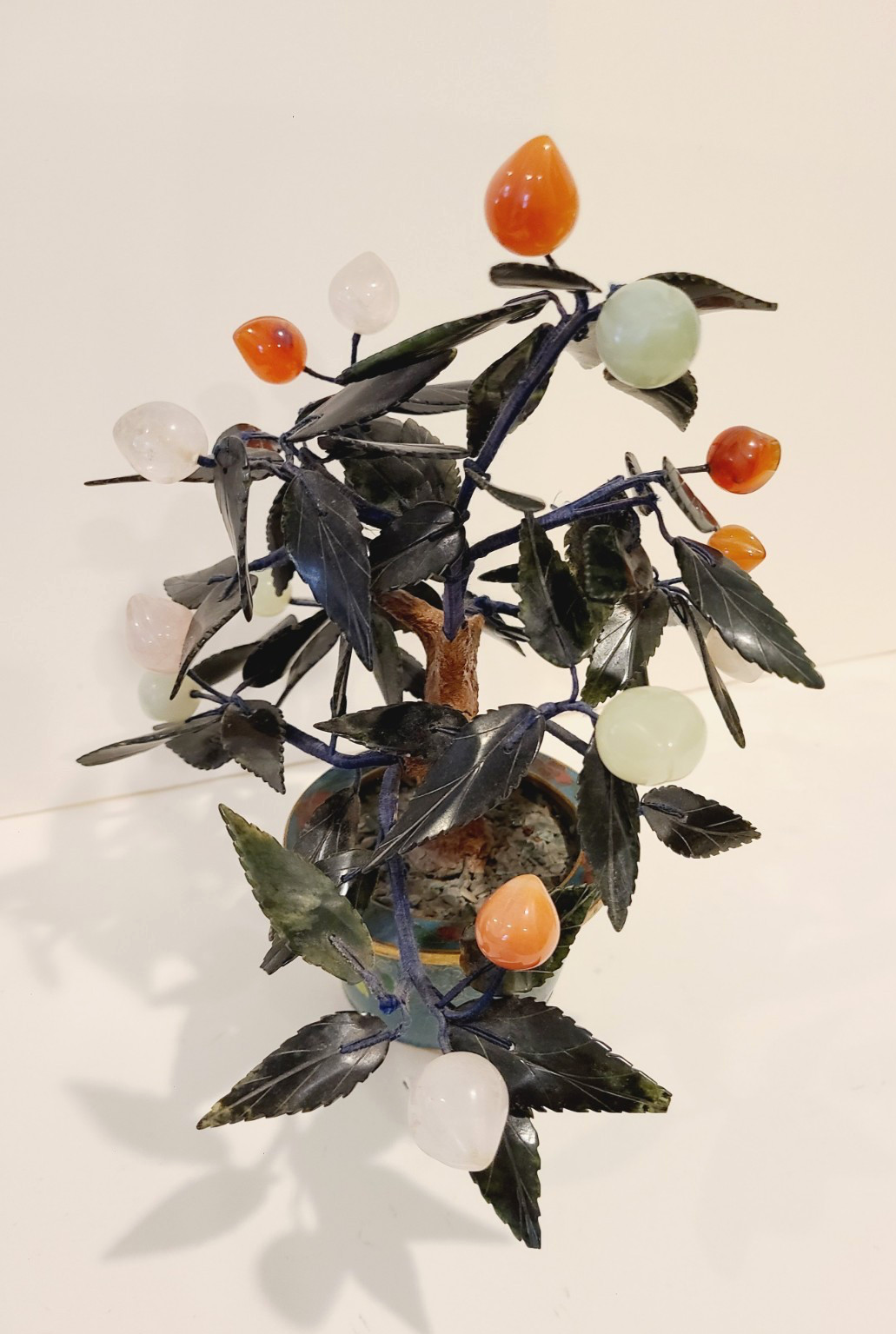 Jade Stone Bonsai Tree Cloisonne Pot Jade Quartz Peaches Cherries