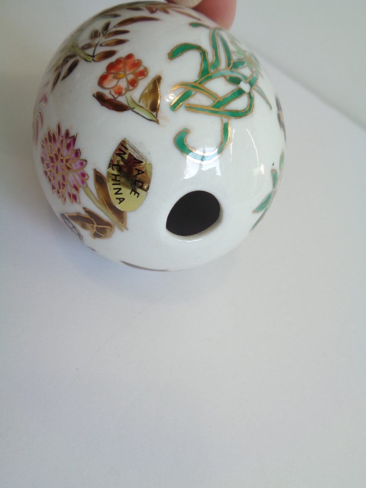 Vintage Porcelain Hand Painted Enameled Egg Asian Design Butterfly Flower