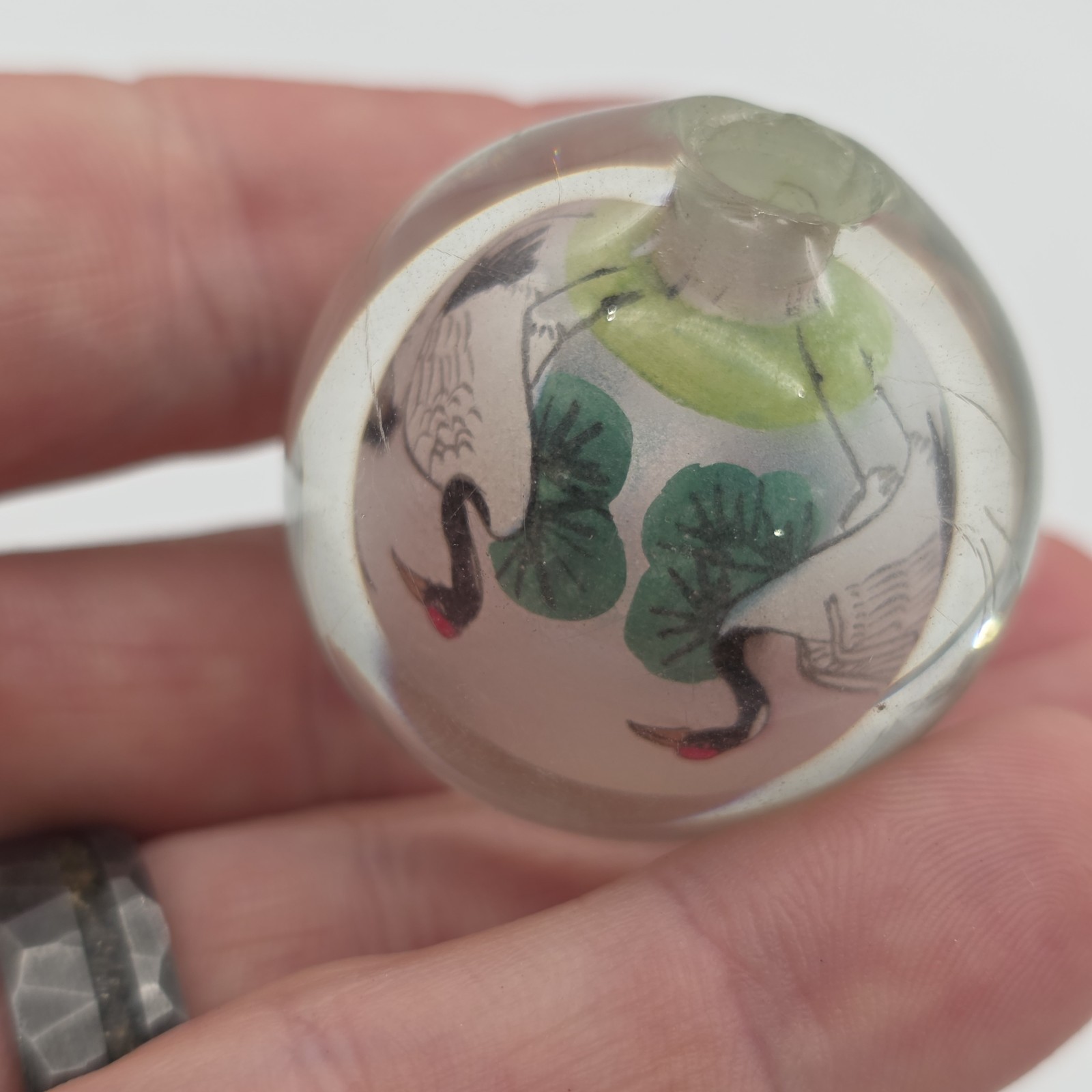 Vintage Reverse Hand Painted Cranes Revolving Sphere Ball Paperweight on Stand