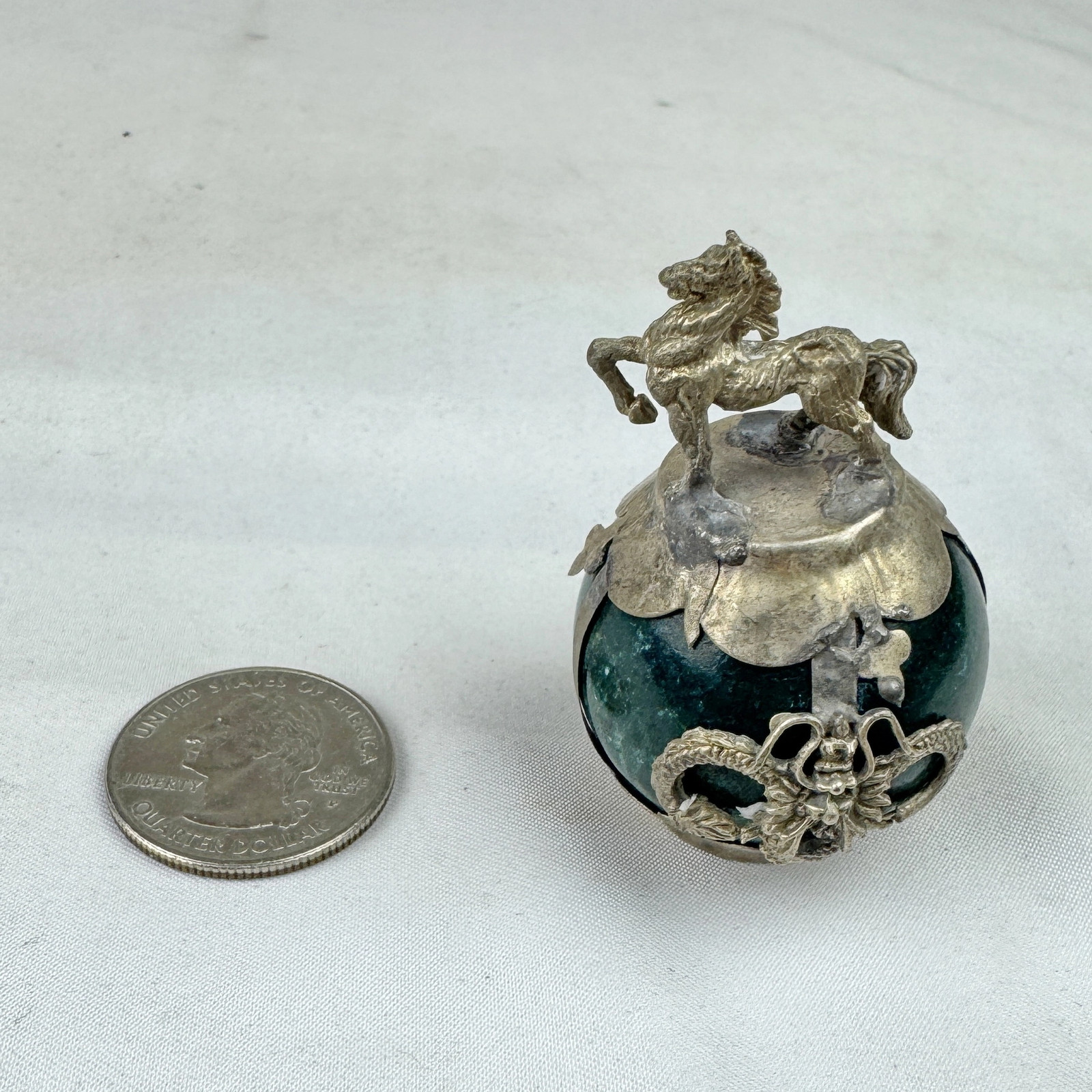 Vintage Chinese Zodiac HORSE Green Marble Orb, Pewter/Tin Finial, Dragon Motif