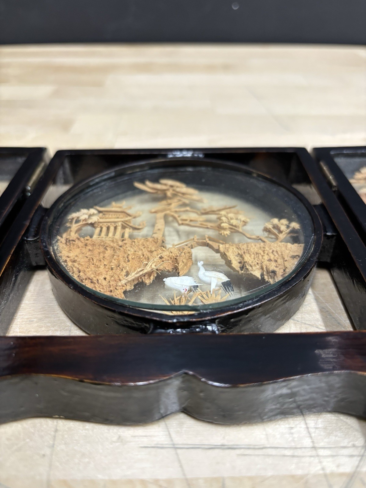 Vintage Chinese Cork Art Hand Carved Tri-Fold Diorama Box Pagoda Trees Cranes