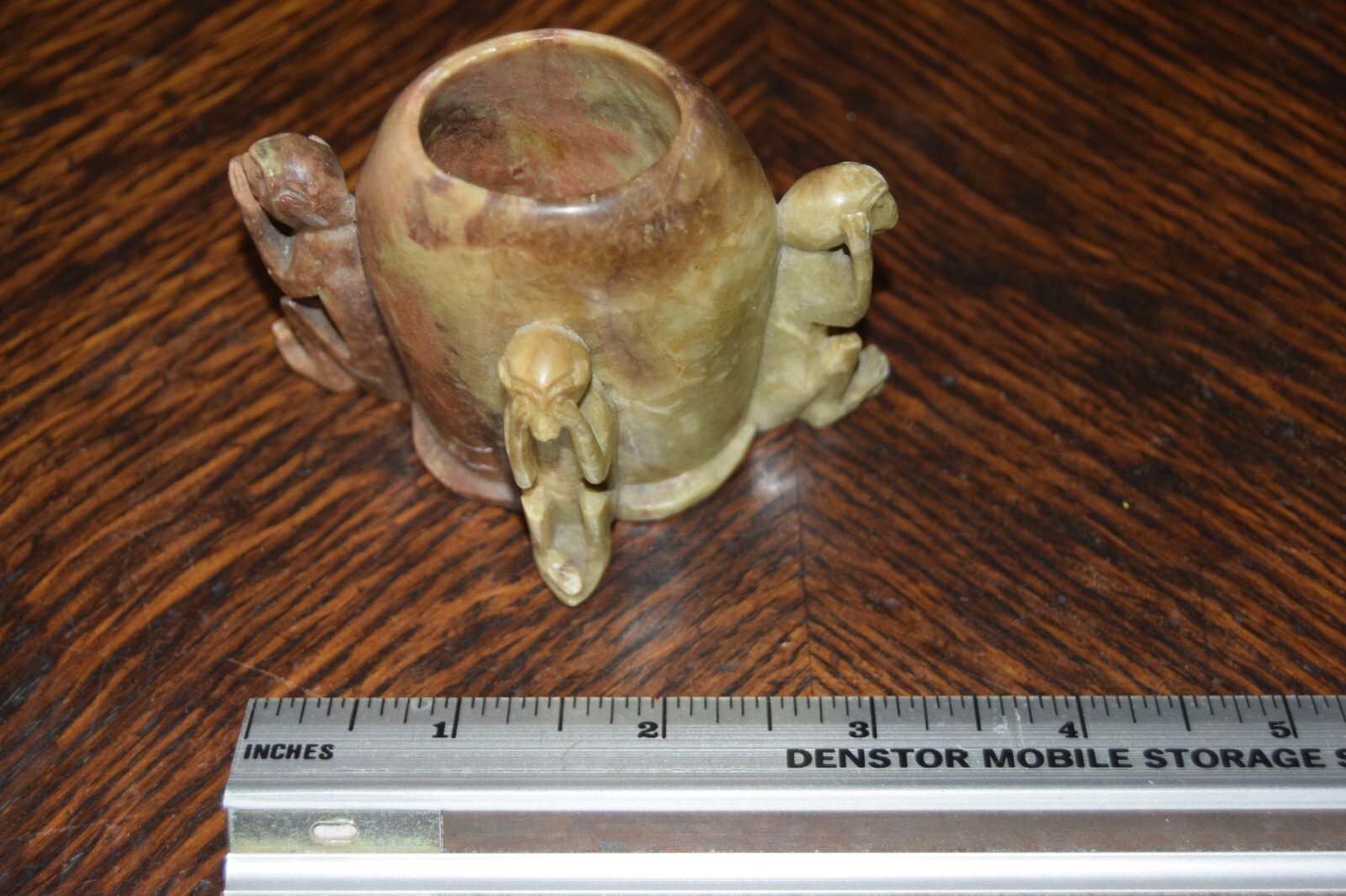 Vintage Soapstone Carved Toothpick Holder Cup Monkeys See, Hear , Speak no Evil