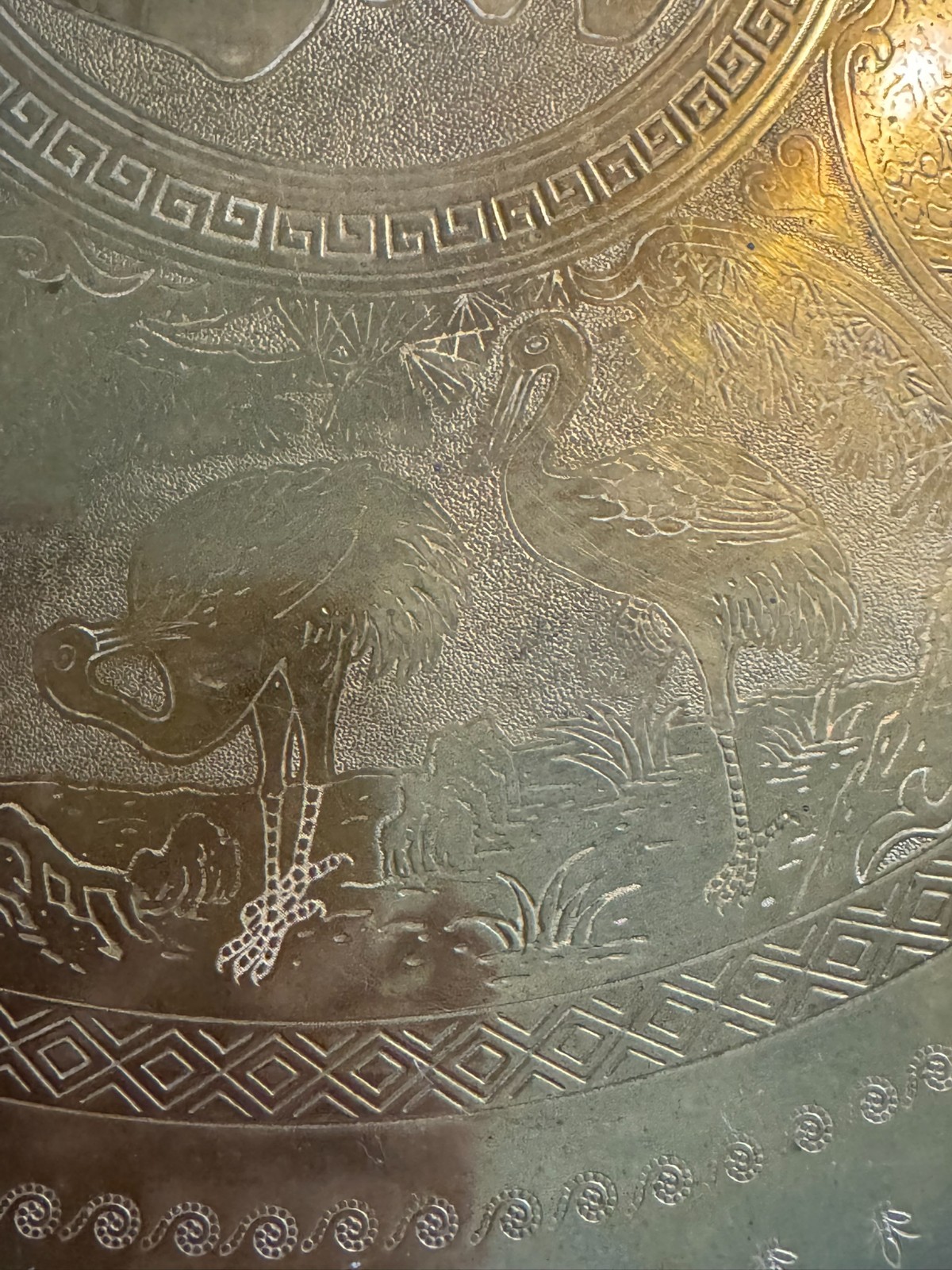 2 Vintage Chinese Heavy Tooled Motif Round Brass Tray 24″ w/ Raised Riveted edge