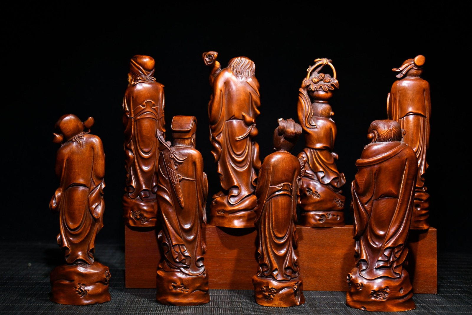 8PCS 5.9″ Collect China Box-wood Hand-Carved Eight Immortals Buddha Statue Set