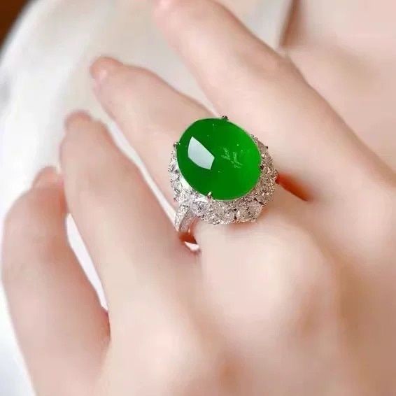Natural Ice Type Jade Cabochon Ring Pendant Myanmar Bright Green Jade Unisex