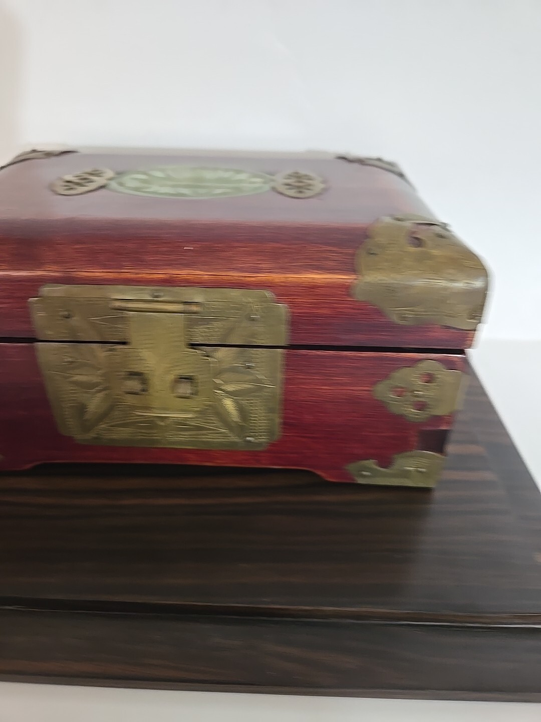 Jewelry Box Wooden Brass Accents Shangai Jade Detail VTG