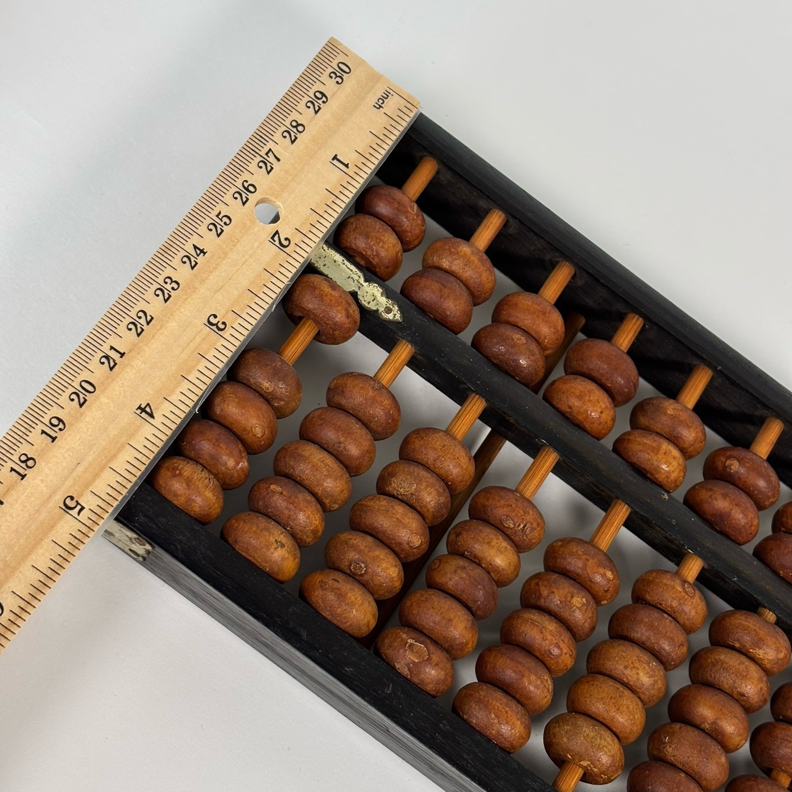 Vintage Wood Abacus 11 Rods 77 Wooden Beads Brass Corners Asian Calculator
