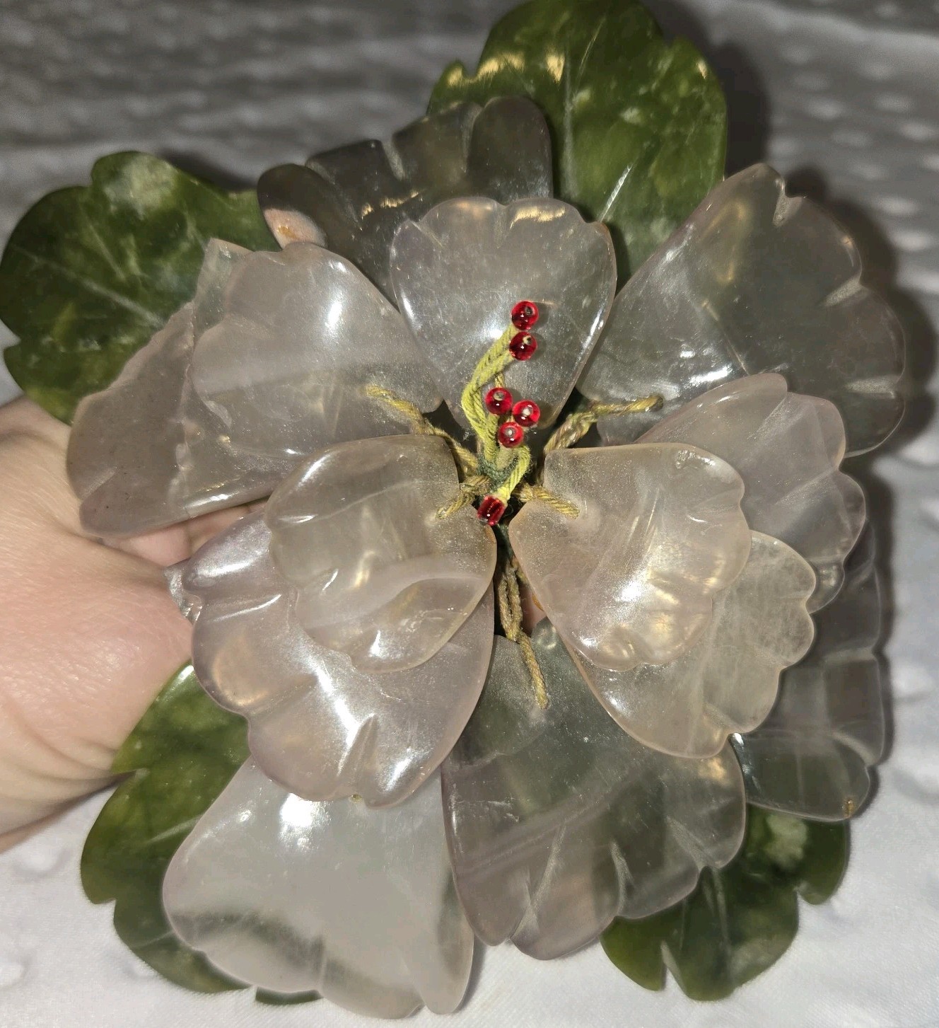 Vintage Oriental Carved Jade & Amethyst Stone Flower