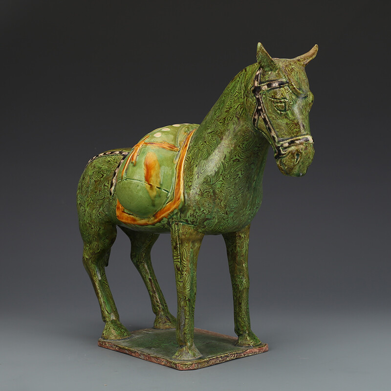 11.4″Chinese Song Green Glaze Porcelain Twisted Colored Body Battle Steed Statue