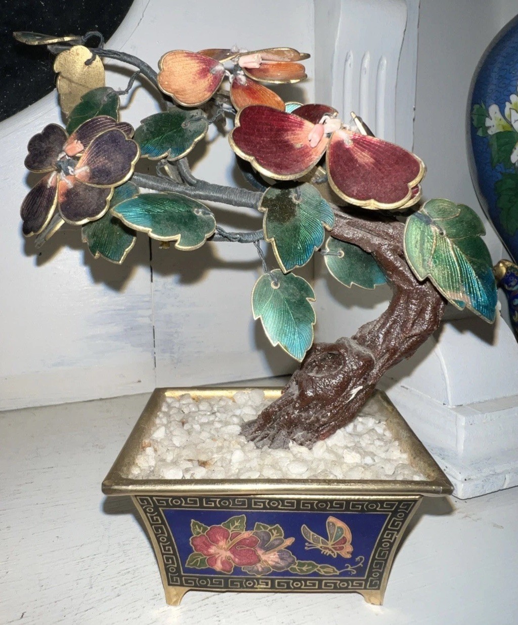 Vintage Chinese BONSAI TREE With FLOWERS in CLOISONNÉ POT