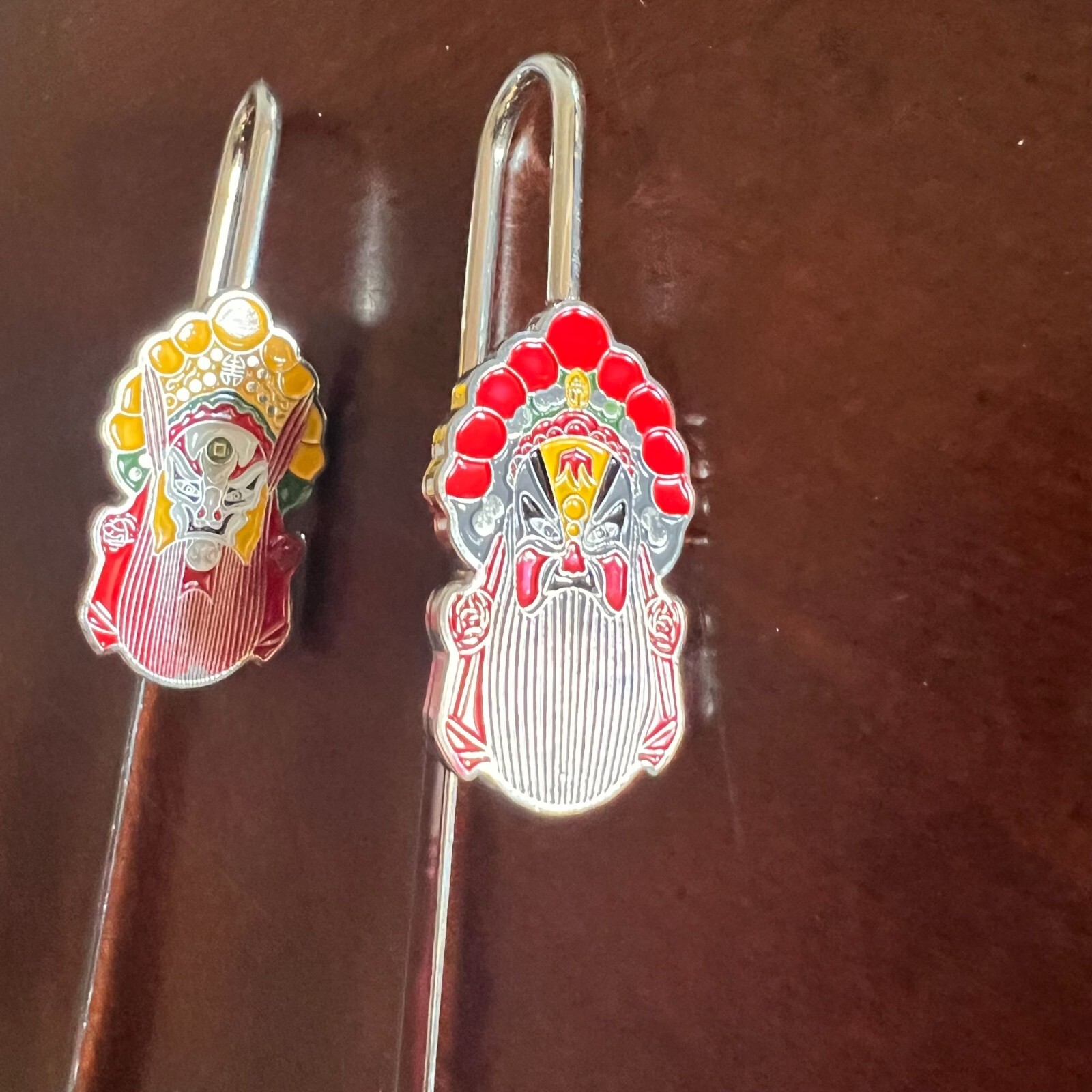 Chinese Peking Opera Mask 2 Bookmark Set Gold Metal & Enamel